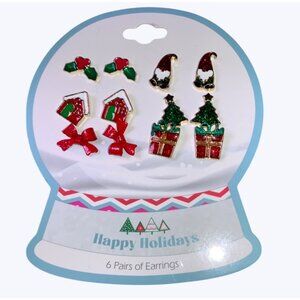 Holiday Themed Stud Earrings Set  6 Pairs Festive Christmas Jewelry